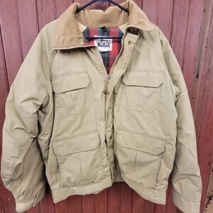 Lg Woolrich Men’s Khaki Insulated Field Barn Jacket Plaid Lined Corduroy Collar